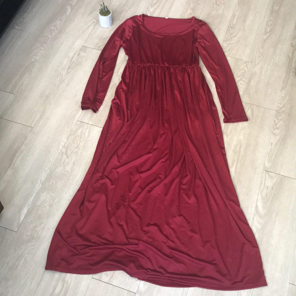 Red long sleeved dress—good for tall people